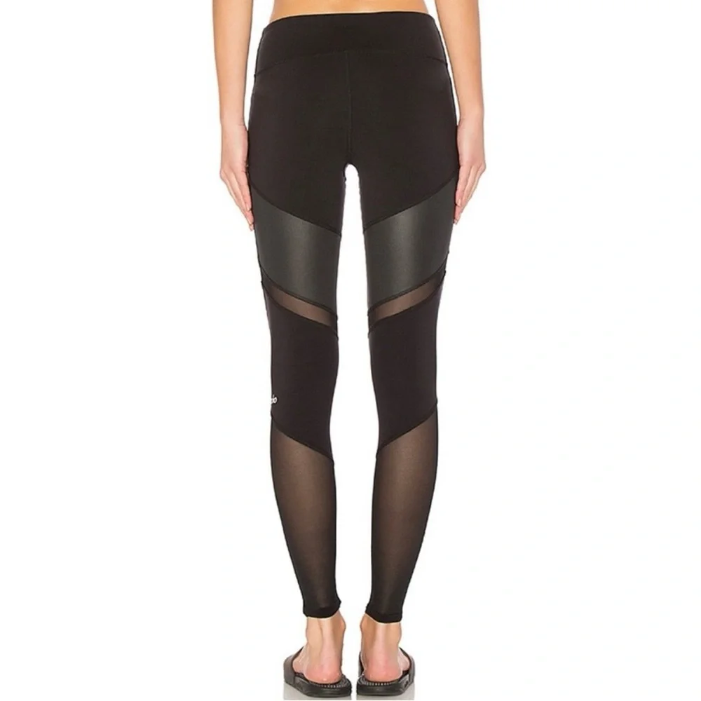 ALO YOGA Black Glossy Sheila‎ Tonal Mesh Panel High-Waist Active Leggings Size S